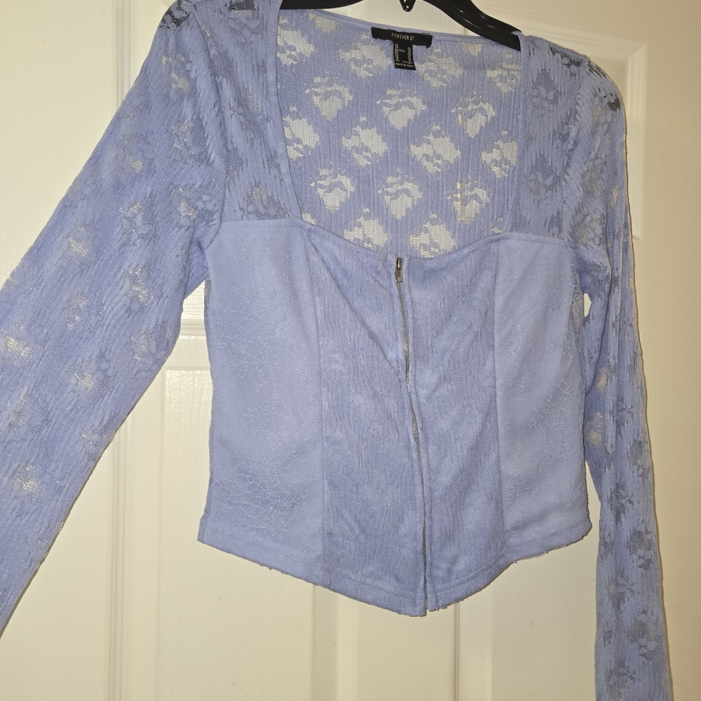 Forever 21 Pastel Blue Lace Zip-Up Top